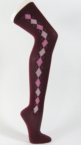 Maroon over knee argyle socks along the side