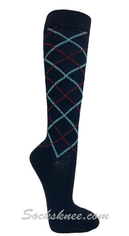 Navy with Red / Sky Line Argyle Women knee High Socks