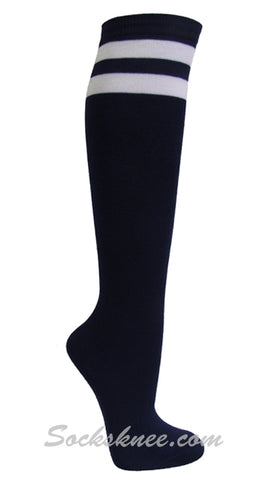 Navy and 2 White Stripes Knee High Socks for Women & Junior