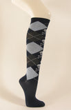 Navy blue argyle knee socks with skull and crossbones