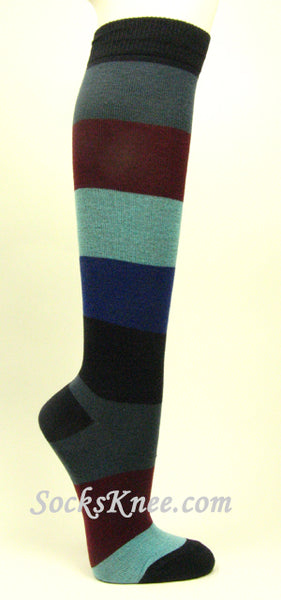 Navy, Bluish Gray, Maroon, Light Blue, Blue High Socks for Women