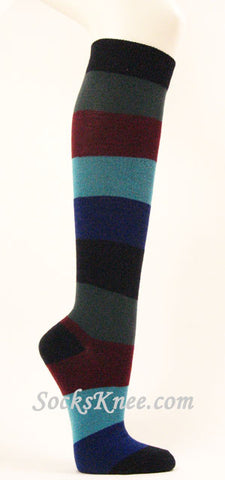 Navy Maroon Skyblue Wider Striped Knee high socks