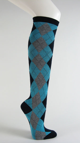 Navy with sky blue argyle socks knee high
