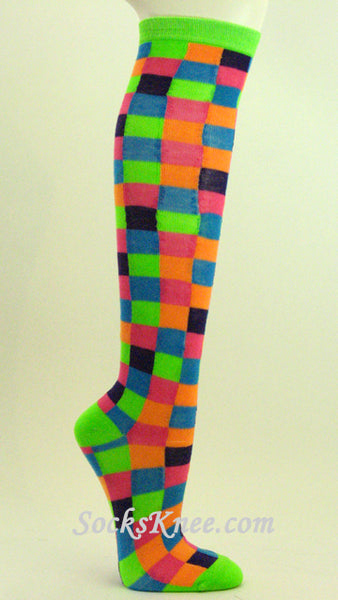 Neon Green Pink Purple etc Plaid Knee Socks for Girl