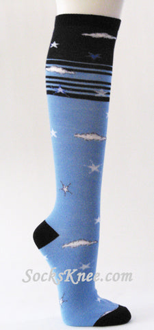 Stars and Cloud in Sky Light Blue Black High Socks