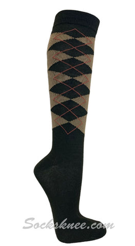 Olive Green / Taupe Argyle Women knee High Socks