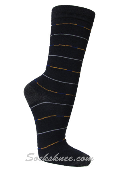 Orange White Blue Lines in Black Mens Dress Socks