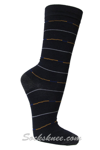 Orange White Blue Lines in Black Mens Dress Socks