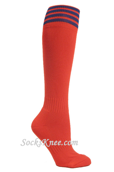 Dark orange youth Football/Sports knee socks w blue stripes copy