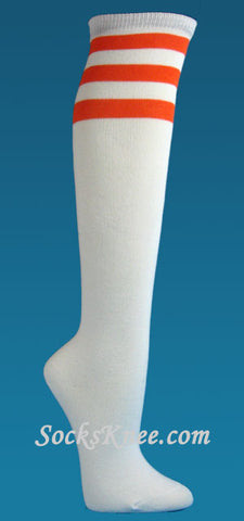 White and Dark Orange striped Quality knee high socks for women
