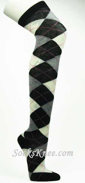 Black Light Gray Cream Over the Knee Argyle Socks