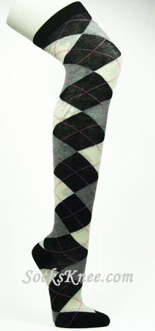 Black Light Gray Cream Over the Knee Argyle Socks