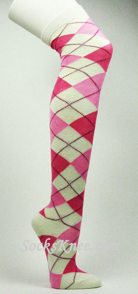 Cream Hotpink Pink Red Over Knee Argyle Socks