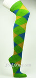 Lime Green Bright Blue Yellow Over Knee Argyle Socks