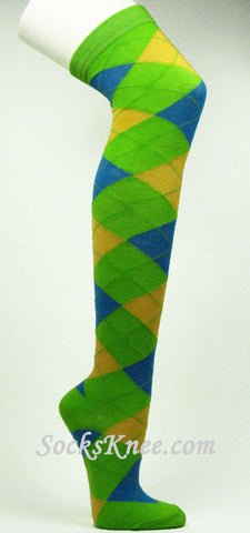 Lime Green Bright Blue Yellow Over Knee Argyle Socks