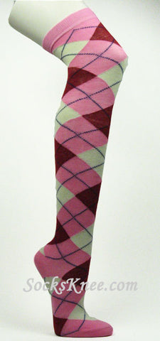 Pink Red White Blue Over Knee Argyle Socks
