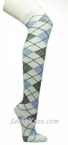 White Light Gray Light Blue Over Knee Argyle Socks
