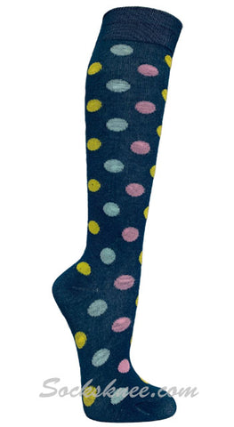 Pink / Sky / Yellow Polka Dots Denim Women Fashion Knee High Socks
