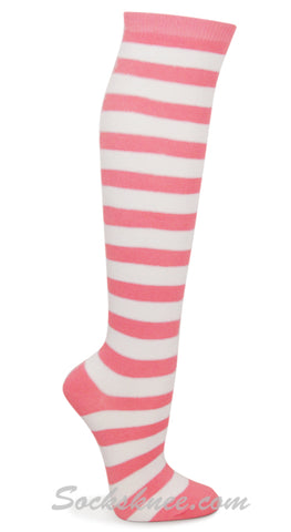 Pink and White Wider Striped Knee Socks