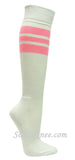 White cotton knee socks with Pink stripes for sports