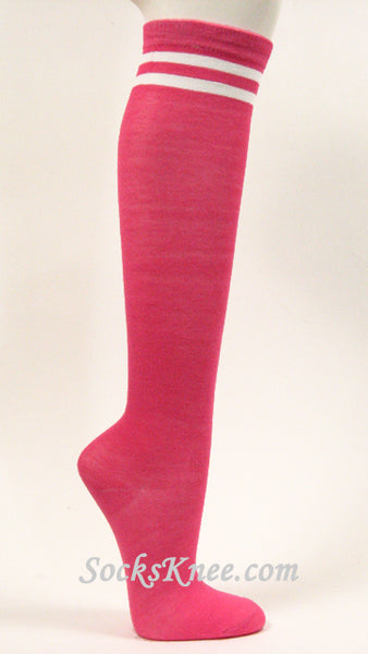 Bright Pink with White Stripes Womens High Knee Socks