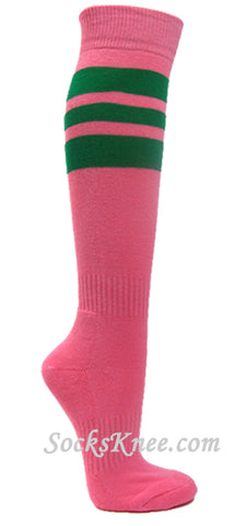 Pink cotton knee socks with green stripes for sports