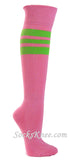 Pink cotton knee socks with Bright  lime green stripe for sports