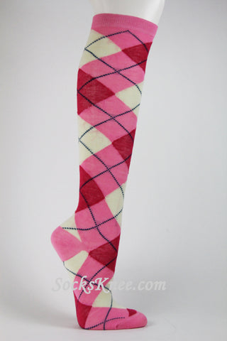 Pink Red White Argyle Knee Sock