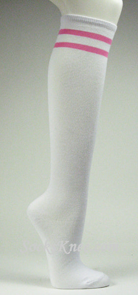 2 Pink Stripes White Knee Socks for Women