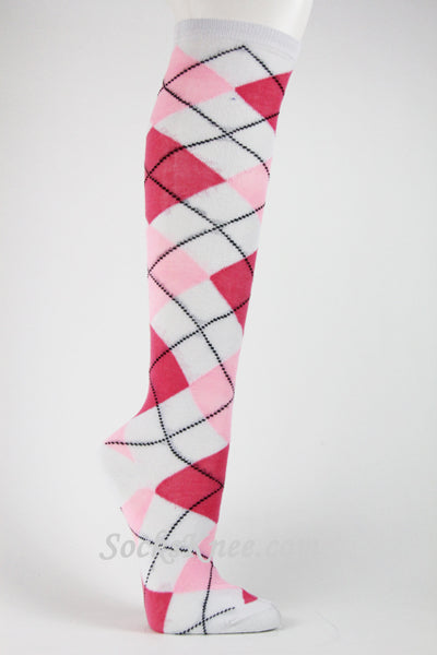 White and Pink Argyle throughout Knee Socks