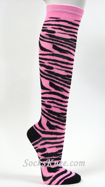 Pink  White Zebra Striped Women's High Knee Socks