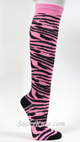 Pink  White Zebra Striped Women's High Knee Socks