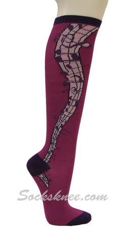 Purple Knee High Fashion Socks with Music Notes/Symbol