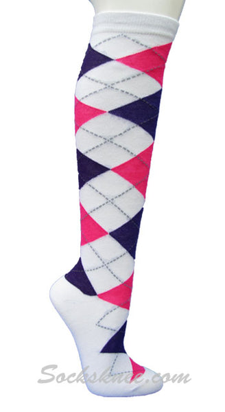 White and Dark(Deep) Purple Argyle throughout Knee Socks