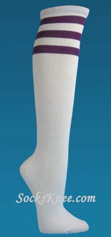 White and Purple High Quality striped Knee high socks for women