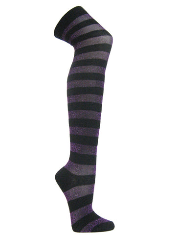 Purple black glitter sparkling wide striped over knee socks