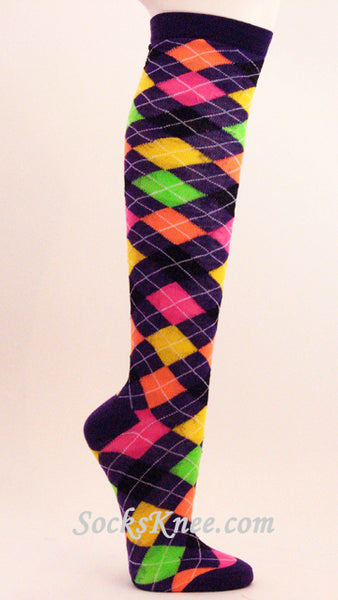 Purple Orange Neon Green Argyle Knee Socks for Girl