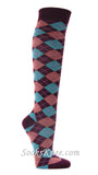 Purple Pink Turquoise Argyle Knee Socks for Women