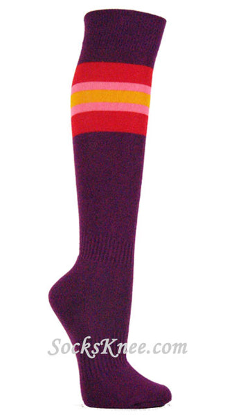 Purple Socks with Red Pink Golden Yellow Stripes  for Sports