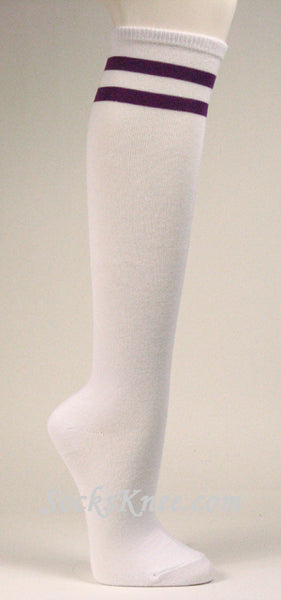 2 Purple Striped White Knee Socks for Women