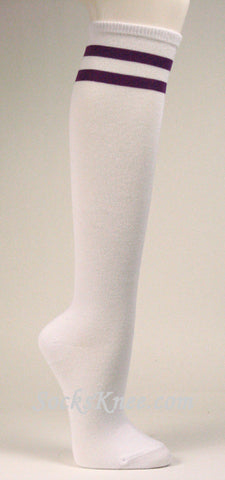 2 Purple Striped White Knee Socks for Women