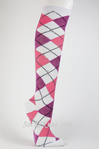 White and Purple Argyle throughout Knee Socks