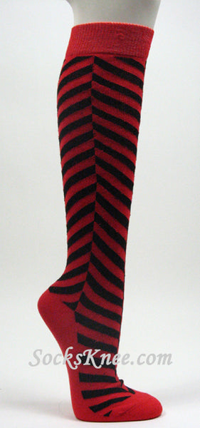 Red Black Chevron Herringbone Striped Knee Hi Socks for Women