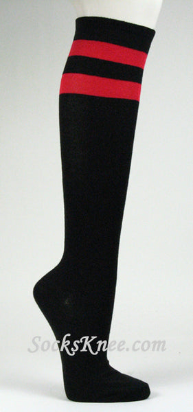 Red Striped Black Knee High Socks for Women