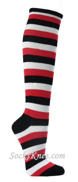 Black White Red Striped Knee High Socks for Women