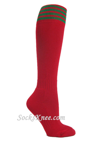 Red youth Football/Sports knee socks w green stripes