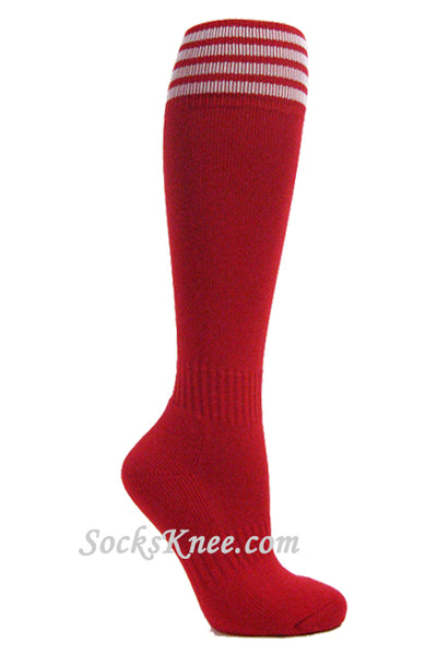 Red youth Football/Sports knee socks w white stripes