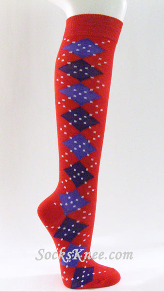 Red Purple Women's Argyle Knee Socks