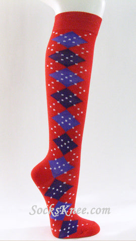 Red Purple Women's Argyle Knee Socks