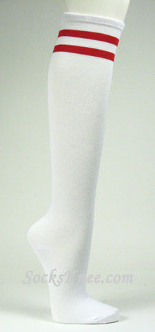 2 Red Striped White Knee Socks for Women